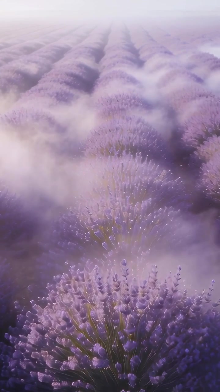 Video verticale: Drone che scivola rivelando un gruppo di lavanda su un terreno agricolo, con la nebbia che si sposta, mostrando le forme