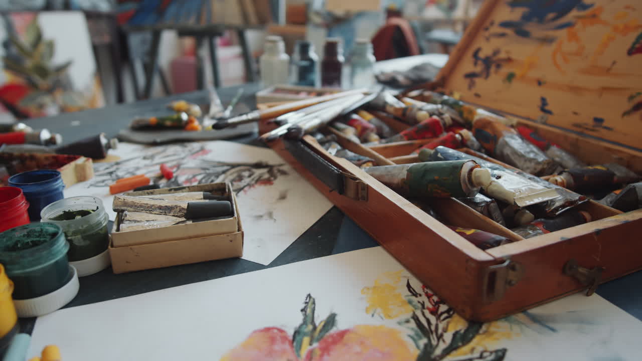 페인트 용품 을 가진 예술가 의 작업 공간