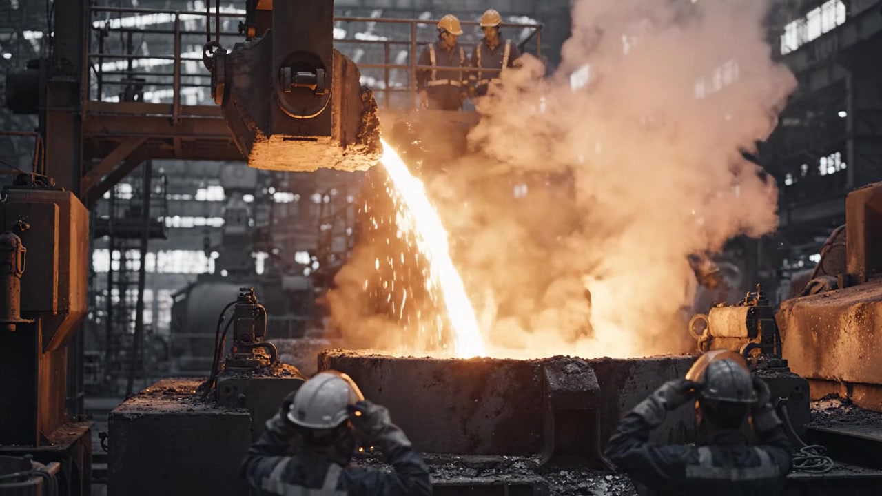A Visual Journey Through the Molten Metal Pouring Process in an Industrial Foundry, Capturing the Intensity and Skill of Metalworkers at Their Craft