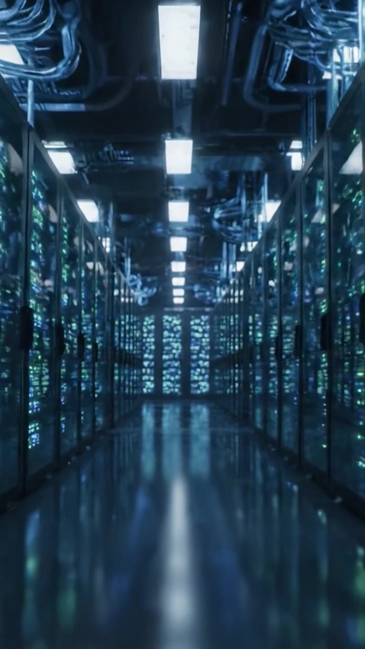 A High-Tech Data Center Aisle Filled with Powerful Server Racks and Advanced Network Infrastructure, Showcasing the Future of Data Management and Storage Solutions