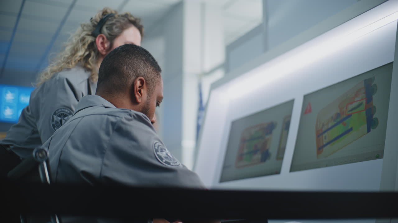 Airport Security Personnel Monitoring Baggage