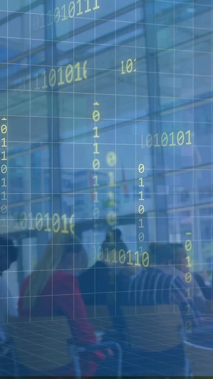 Vertical video: Faint grid growing, sparking binary rain flowing over seated people, showing data