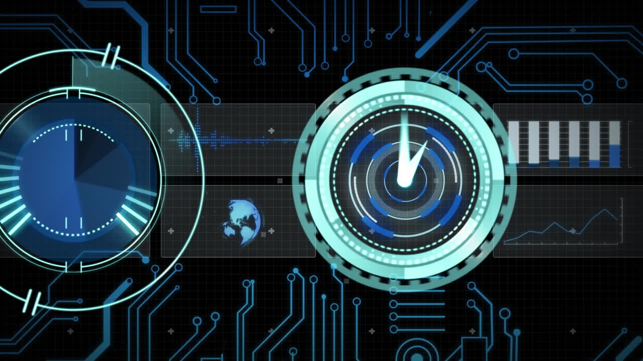 animación del procesamiento de datos con escaneo de alcance con reloj sobre fondo negro