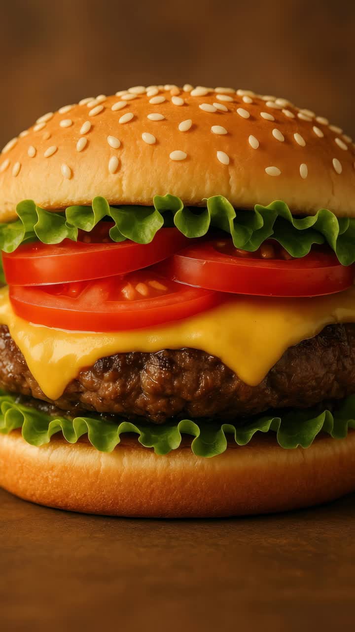 Primo piano di un video di un succoso cheeseburger con lattuga fresca e pomodoro