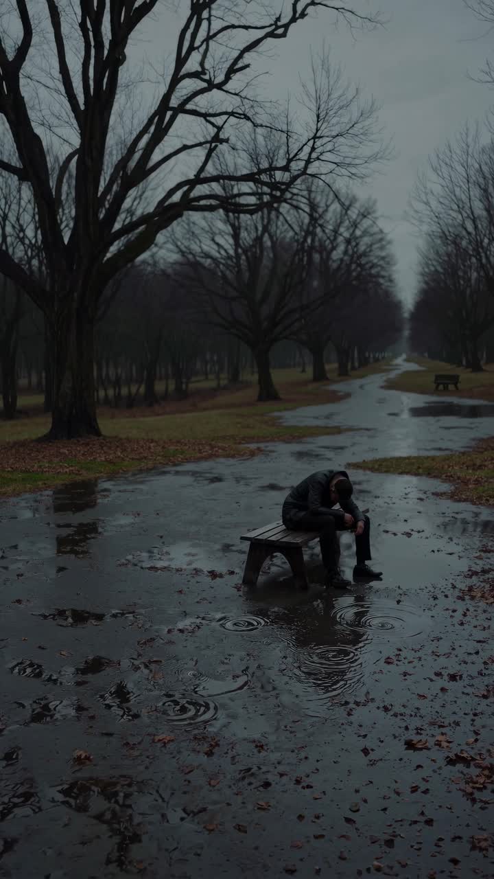 Moody video still of a bare tree in a park, captured from a low angle