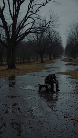 moody video still of a bare tree in a park, captured from a low angle