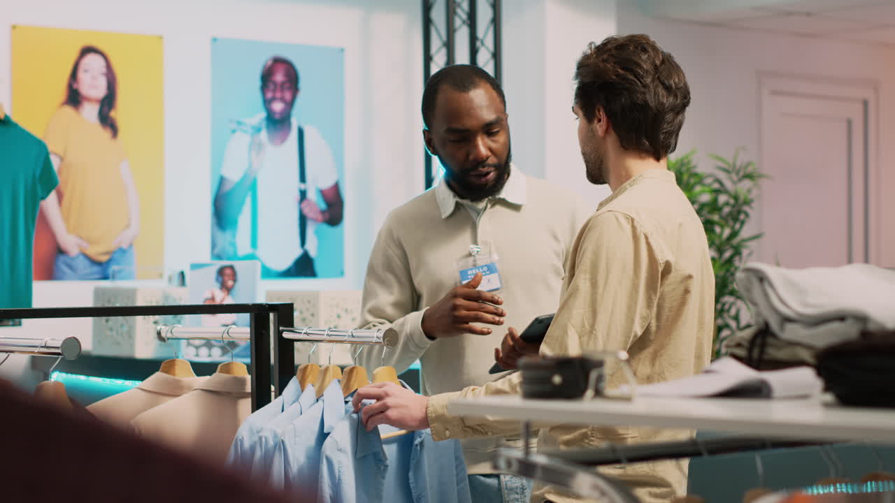 Two Men Shopping for Shirts in a Clothing Store