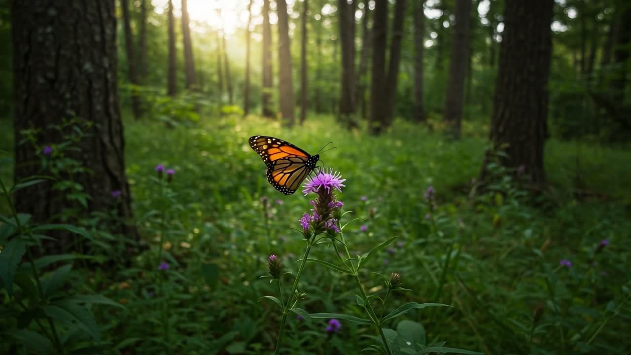 Una farfalla monarca delicatamente appollaiata su un colorato fiore di campo, immersa nella luce dorata di una radura nella foresta durante le prime ore della sera