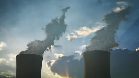 steaming cooling towers of nuclear power plant