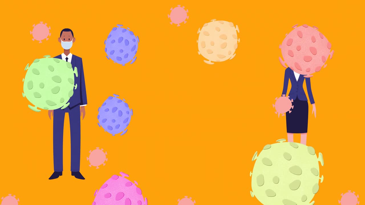 코로나19 세포는 남성과 여성이 얼굴 마스크를 착용하고 사회적 거리를 유지합니다.