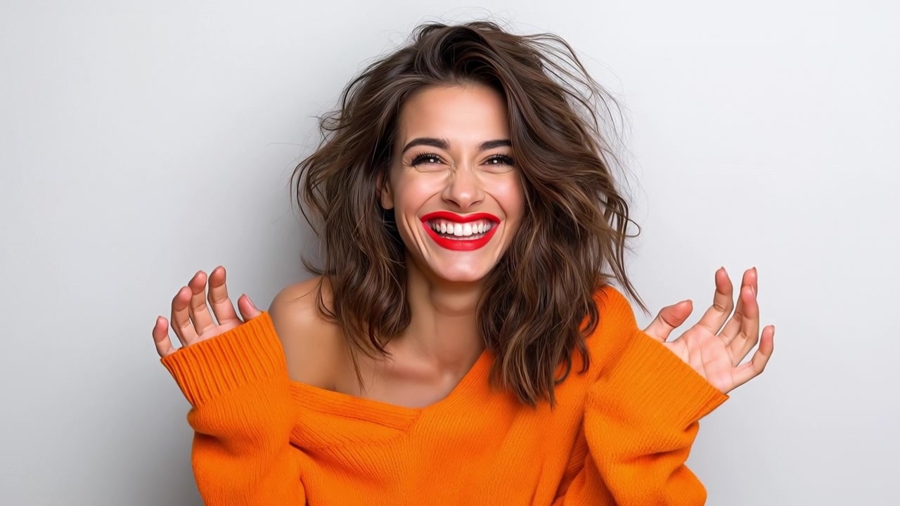 Giovane donna sorpresa con un maglione arancione che reagisce con entusiasmo su uno sfondo neutro da studio.