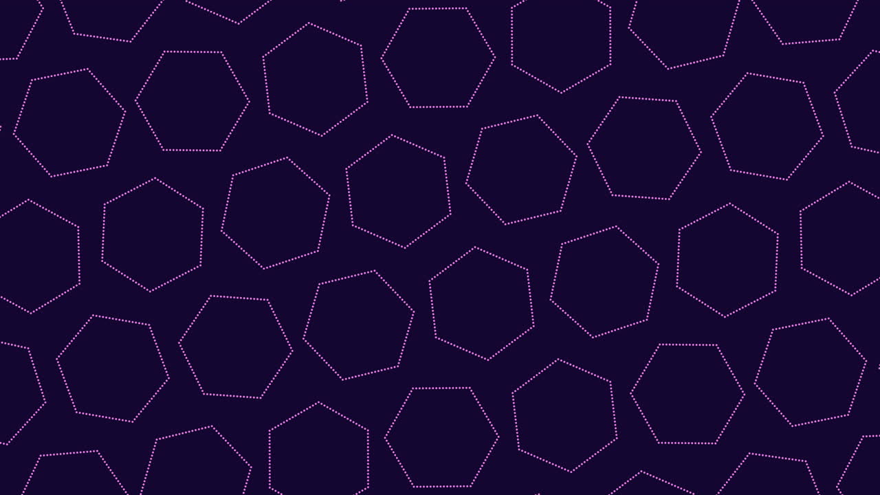 Filmagem de fundo abstrata contínua apresentando uma grade de contornos de hexágonos pontilhados giratórios em um fundo roxo escuro, ideal para apresentações de tecnologia, motion graphics, títulos e layouts digitais modernos