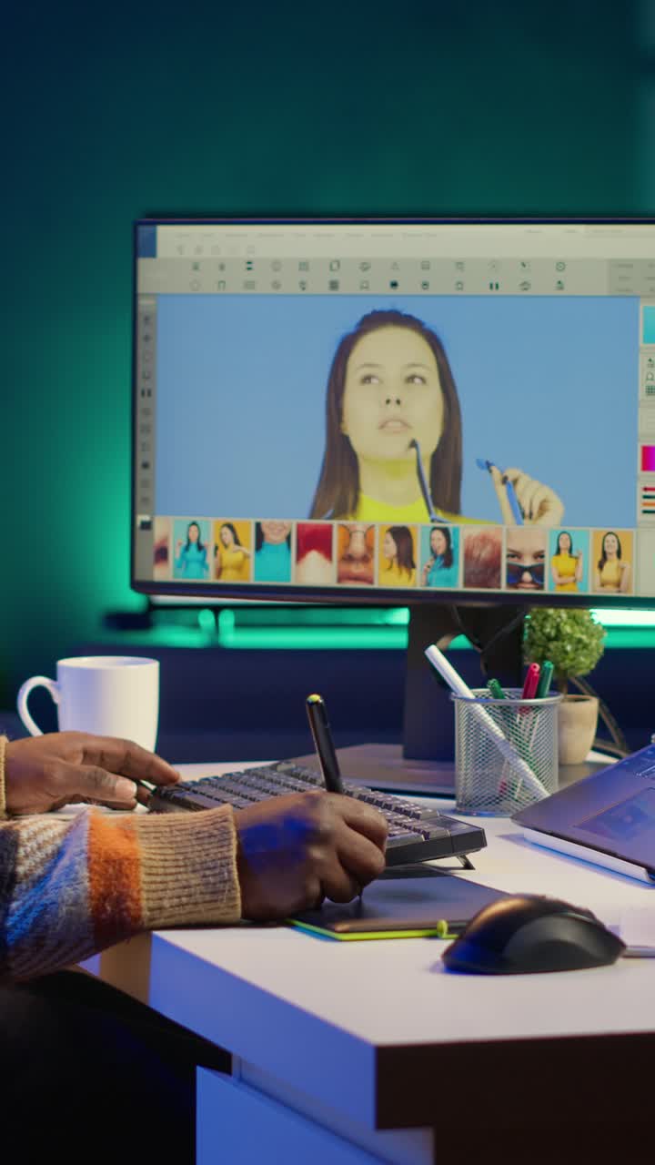 Vertical Video Creative african american graphic designer editing images on dual monitors