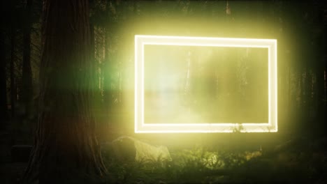 marco rectangular brillante de neón en el bosque nocturno