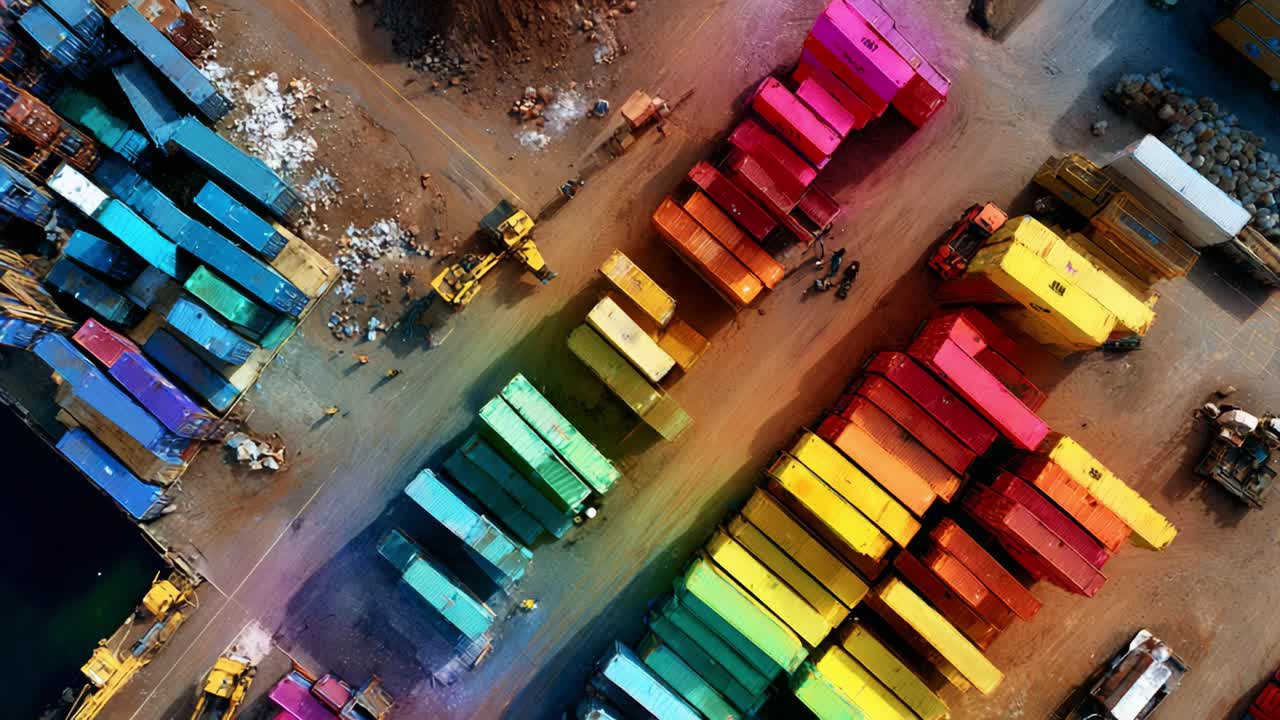 Aerial View of Colorful Shipping Containers Organized in Rows at a Port, Showcasing Vibrant Colors and Industrial Activity in a Busy Cargo Handling Area