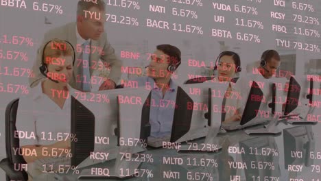 animation of statistics and data processing over business people wearing phone headsets