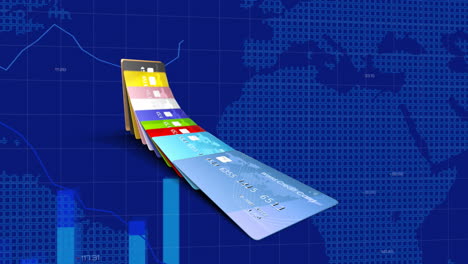 animación de tarjetas de crédito sobre procesamiento de datos estadísticos y financieros y mapa del mundo