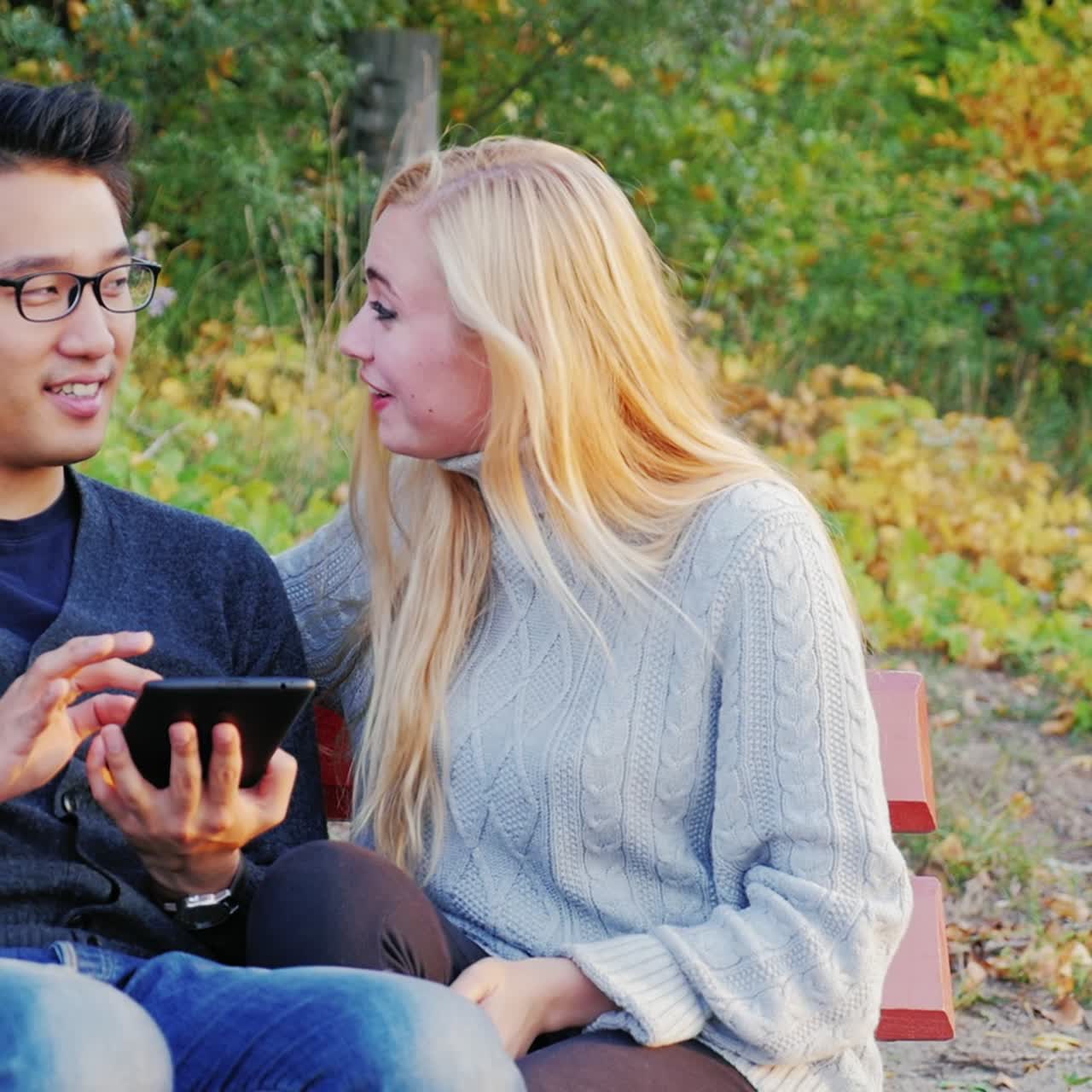 los amigos se relajan en el parque y usan una tableta 1