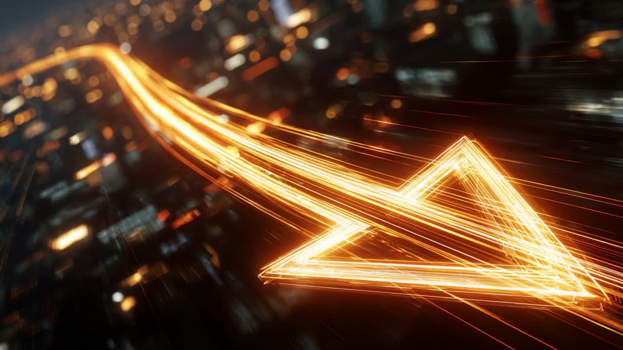 Animazione astratta di una freccia al neon arancione brillante che si muove rapidamente su una moderna metropoli di notte, a simboleggiare il trasferimento rapido di dati, la connessione internet e i concetti tecnologici futuristici
