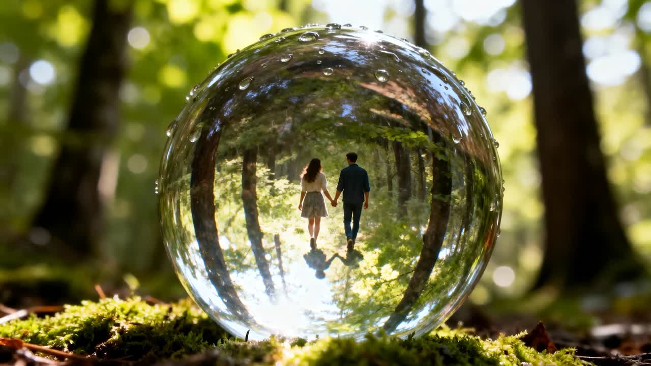 Gående par i lyse kjoler, mørke klær som beveger seg mot et lyst senter inne i en glasskule på mose