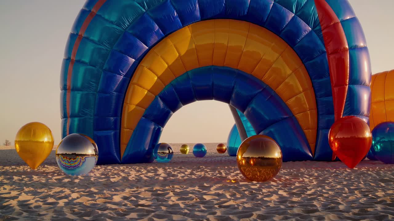 Large inflatable structure forming a colorful archway with metallic balloons scattered on the sand, creating a surreal and playful atmosphere on a beach at sunset