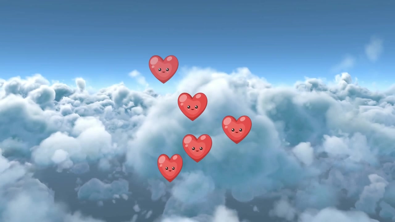 Digital animation af flere skyikoner over bjergansigts-emojis mod skyer på den blå himmel