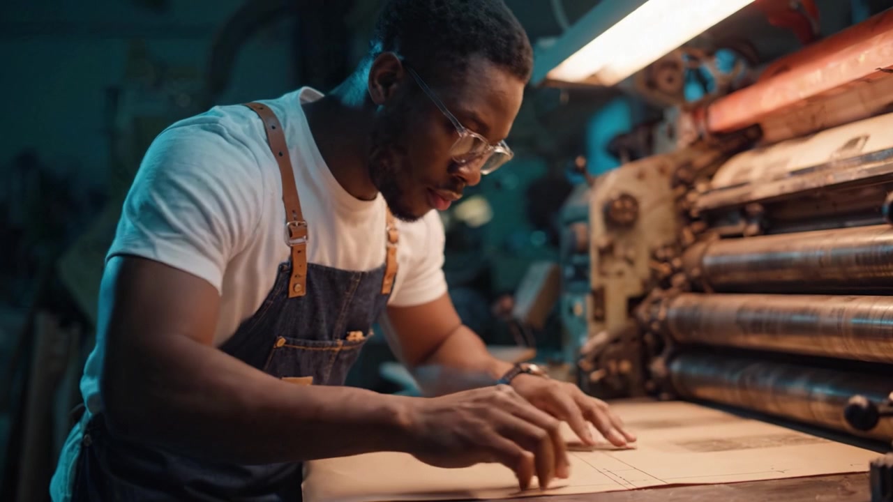 A Skilled Artisan Carefully Crafts Unique Print Designs with Precision and Focus in a Cozy Workshop, Showcasing Passion and Dedication to Craftsmanship