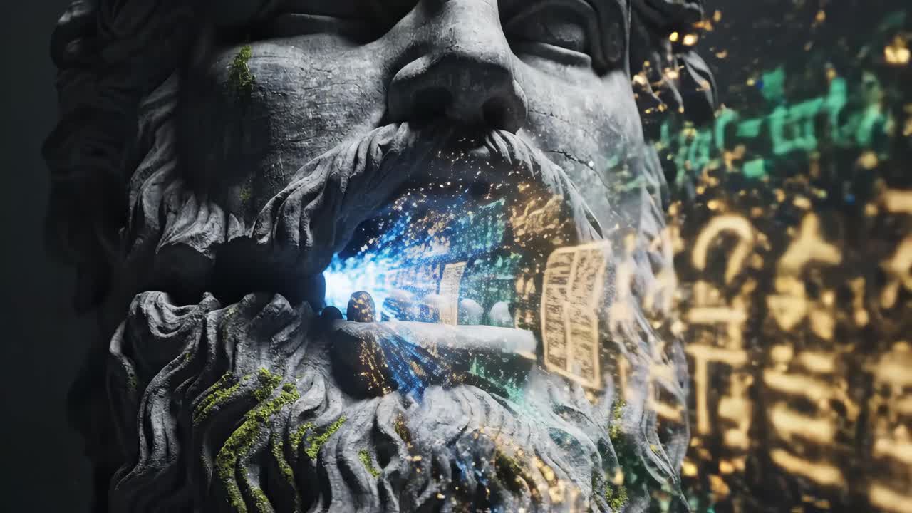 Ancient Statue Face with Mystical Light and Symbols