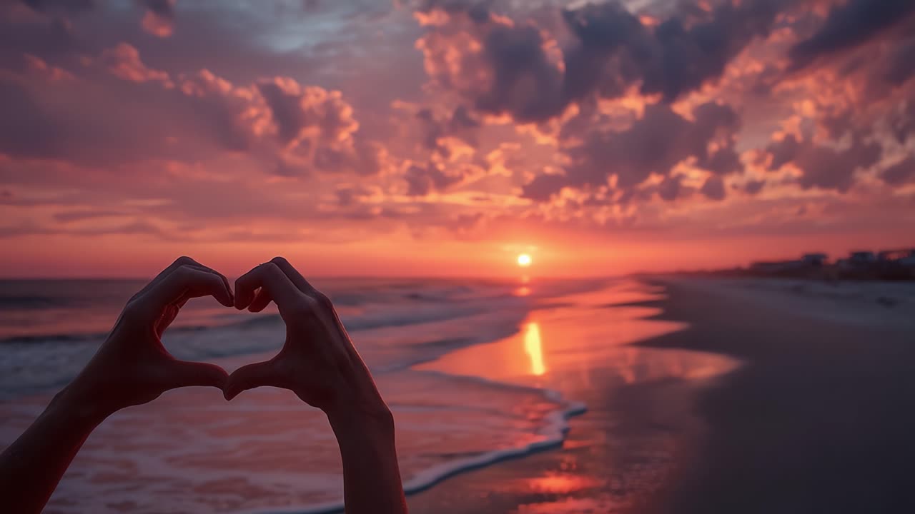 Een prachtige zonsondergang omarmt de natuur: twee handen vormen een hart tegen het serene strand en de kleurrijke lucht, symboliseert liefde en sereniteit.
