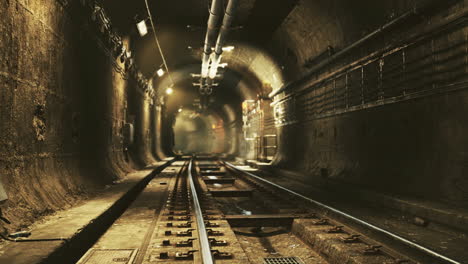 underground rail tunnel with tracks and dim lighting in urban setting