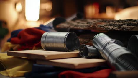 a creative assembly of textiles and metallic objects highlighting craftsmanship in a workshop environment with a focus on color and texture variety