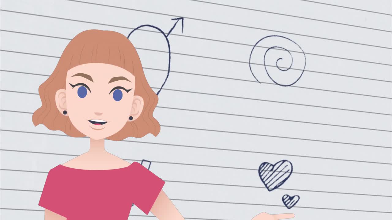 Animación de mujer hablando sobre dibujos escolares