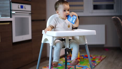 lovely toddler boy sitting on the high chair holds the doy pack. kid sucking fruit puree to the end, giving an empty tube to somebody.