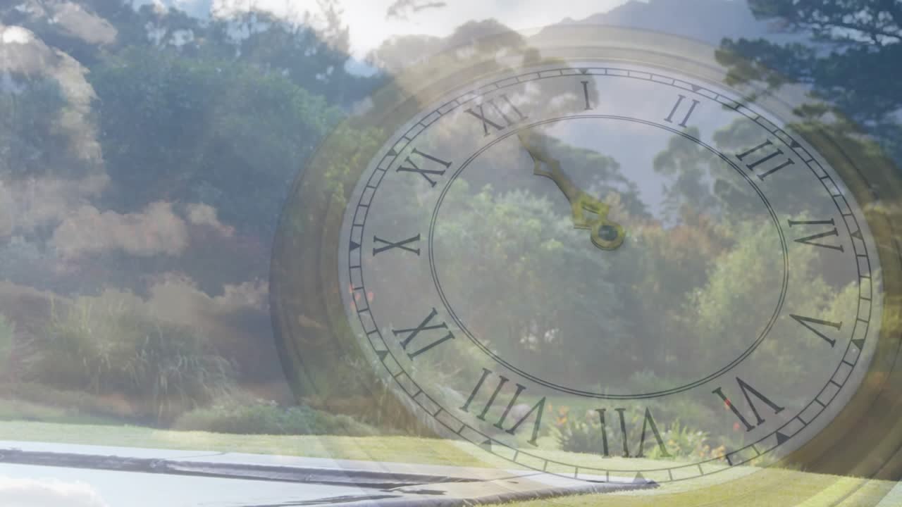 Girl stepping onto trampoline for sports, flipping with animated Roman numeral clock tracking time