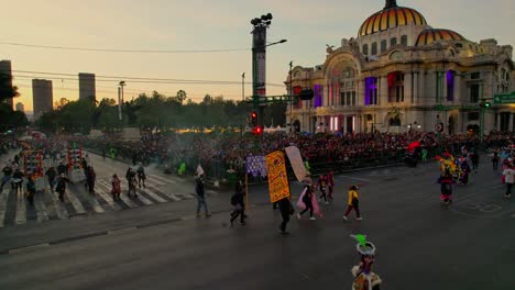 spectacular day of the dead parade in mexico city with palacio de bellas artes