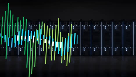 colorful bar graph animation over server racks in data center