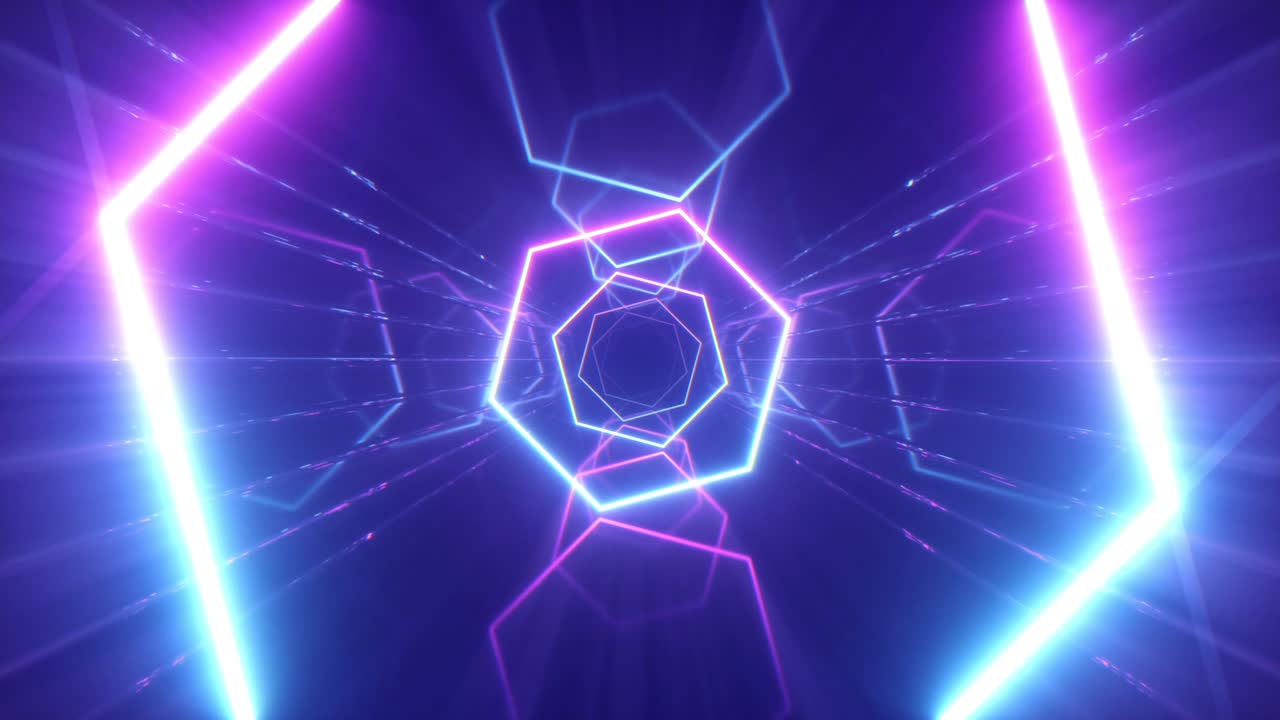 volando a través de líneas de neón brillantes creando un túnel, espectro azul rojo rosa violeta, luz ultravioleta fluorescente, iluminación moderna de colores, animación cg de bucle sin costuras de 4k