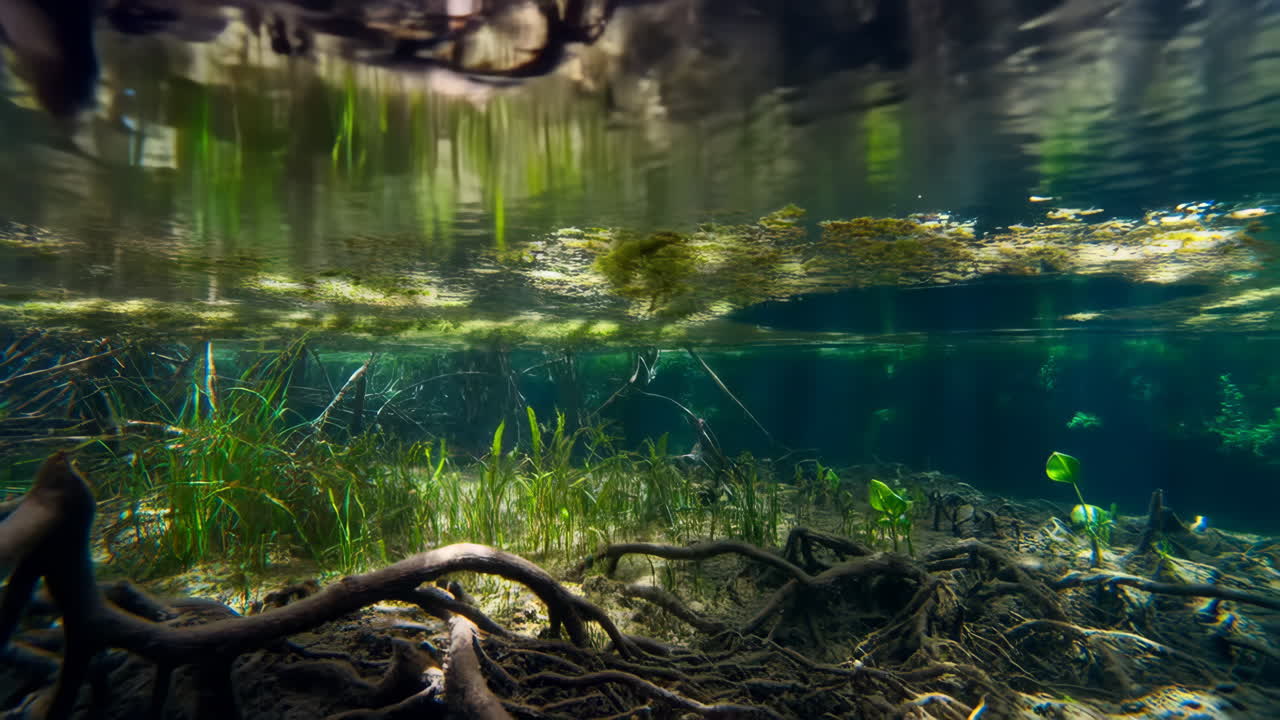 Underwater View of Submerged Tree Roots and Lush Aquatic Plants in Clear Water