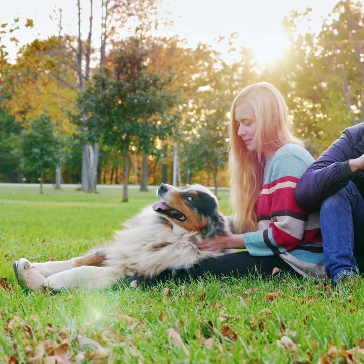 joven pareja multiétnica relajándose en el parque con su perro