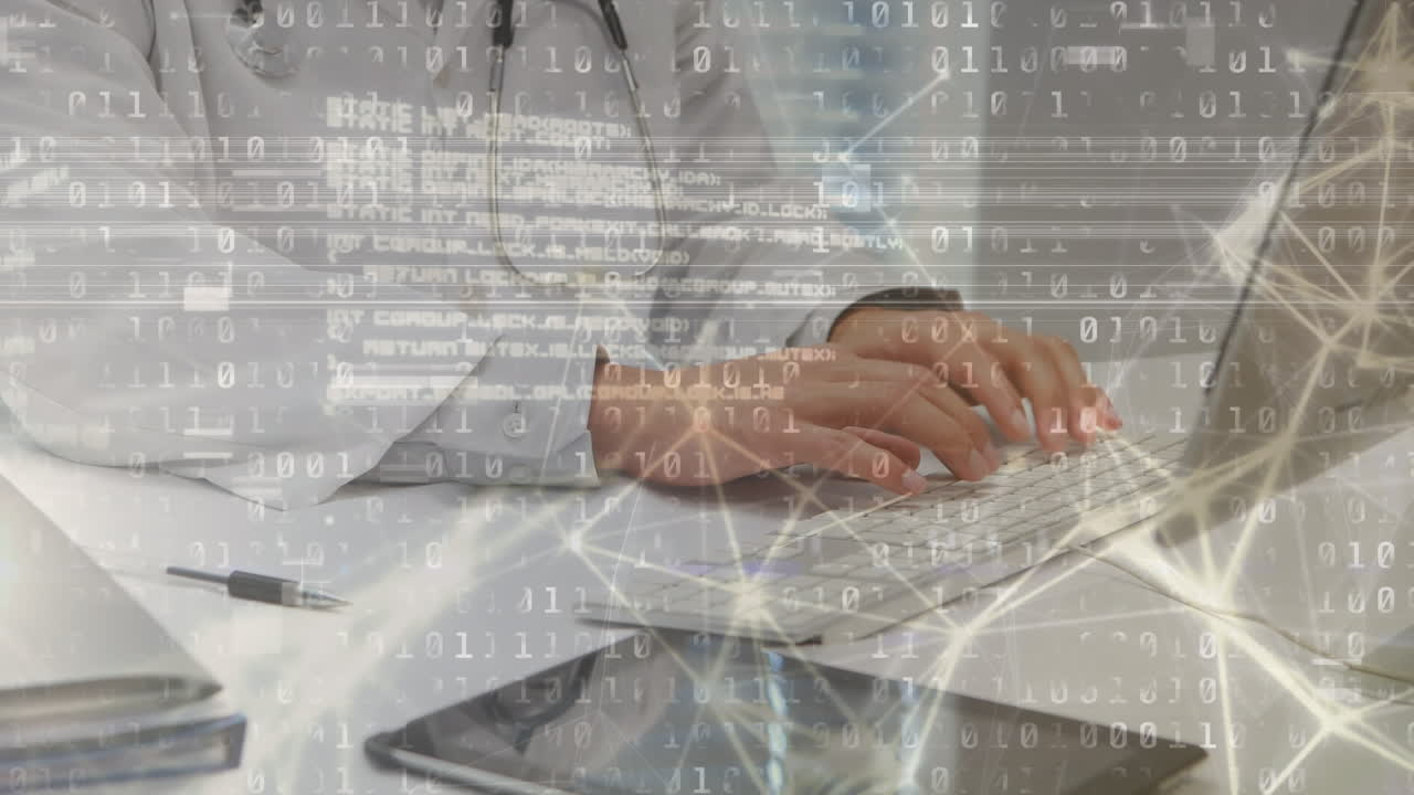 animación del procesamiento de datos médicos sobre un médico masculino utilizando una computadora