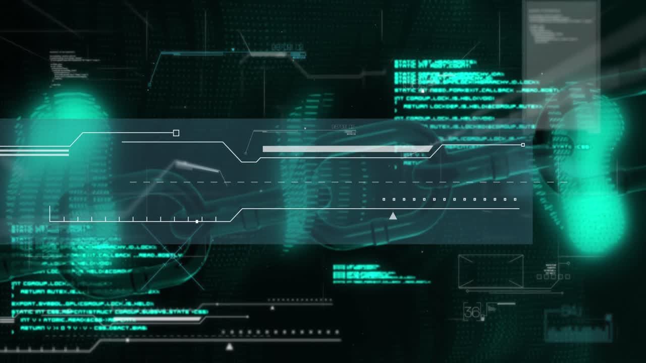 Animation of illuminated abstract pattern over blockchain against computer language in background