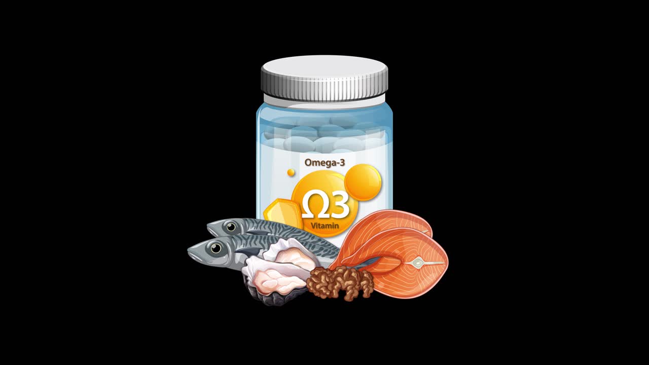 Omega-3 supplement bottle appears with fish, nuts, seafood, and seeds on a black background