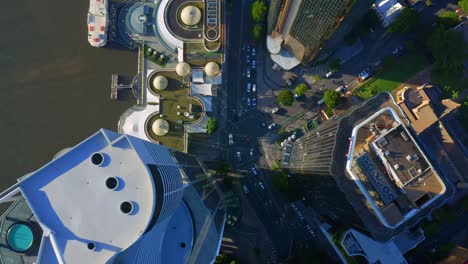 Top-View-Of-Moderate-Traffic-At-Charlotte-Street-Along-With-Eagle-Street-Pier-Ferry-Terminal-In-Brisbane-City