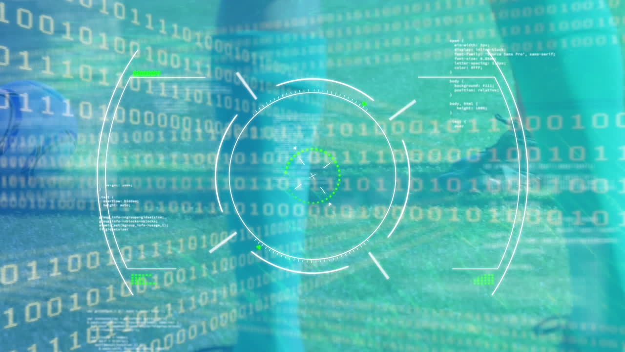 animación del visor y el código binario sobre las piernas de los jugadores de fútbol masculinos