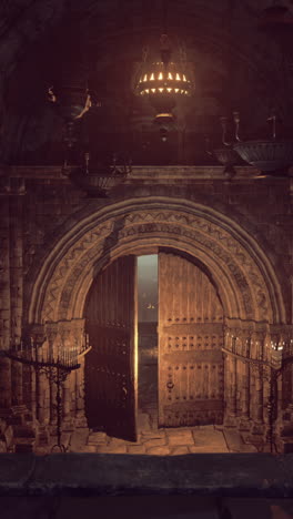 mysterious ancient hall with intricate architecture and glowing doorway