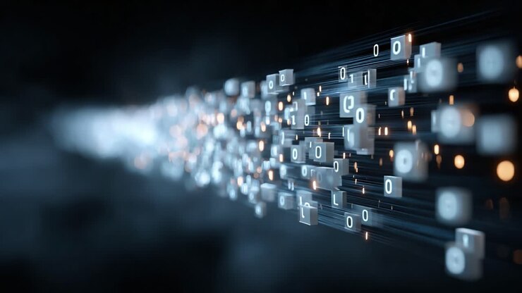 Stream of Binary Data: Visualizing the Flow of Information Through Digital Streams Represented by Ones and Zeros in a Futuristic Context
