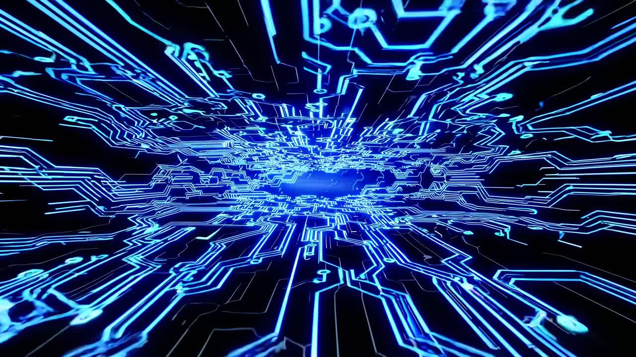 Futuristic digital circuit board with glowing blue lines, captured from a dynamic, high-angle