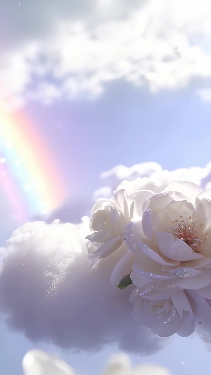 Video verticale: Carrellata che rivela rose bianche su nuvola sotto cielo arcobaleno, coriandoli, spazio copia.