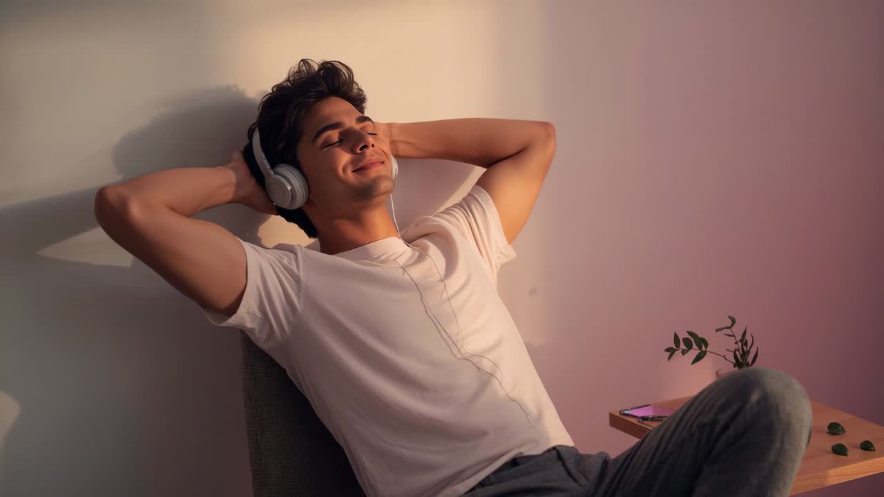 Uomo sdraiato che indossa una maglietta bianca e pantaloni grigi, ascolta musica con le cuffie con cavo, occhi chiusi, sorridente, telefono di casa