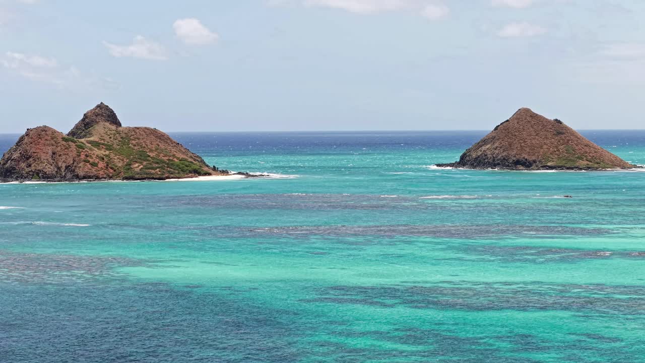 Oahu, Hawaii USA. Drone Shot of Mokulua Islands Close To Lanikai Beach